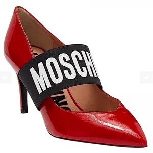 Moschino Women's Red Patent Leather Pump Shoes Elastic Band w Moschino Logo Sz 9